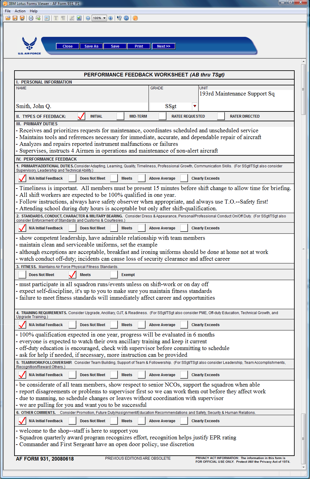 AF Form 931, Performance Feedback Worksheet