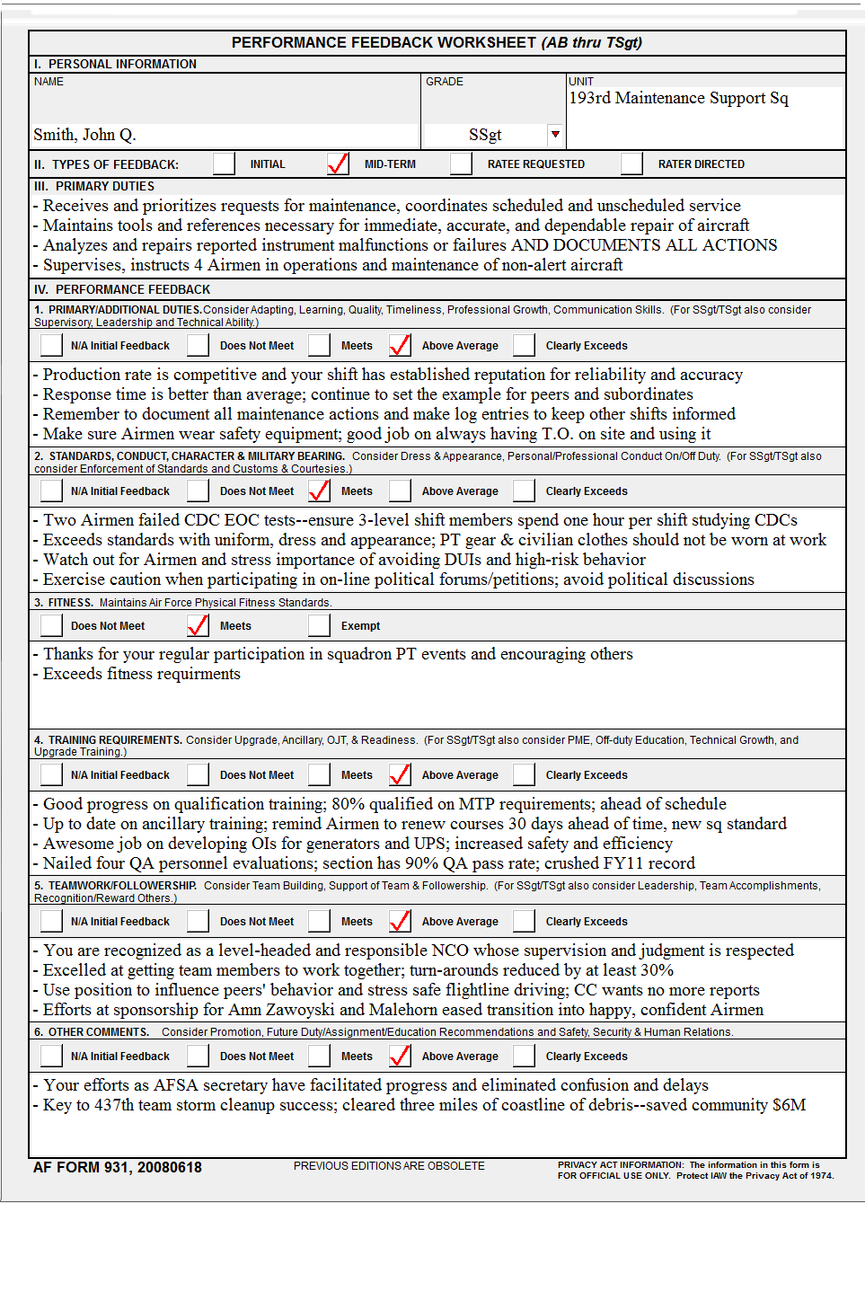 AF Form 931 Mid Term Feedback